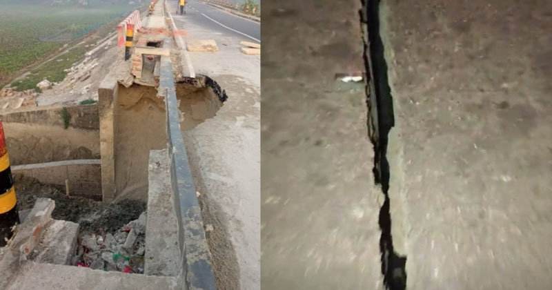 মেঘনা-ধনাগোদা নদীর ওপর নির্মিত মতলব সেতুর মাঝে জয়েন্টে ফাটল ও দুপাশের ভেঙে যাওয়া রাস্তা | ছবি : খোলা কাগজ